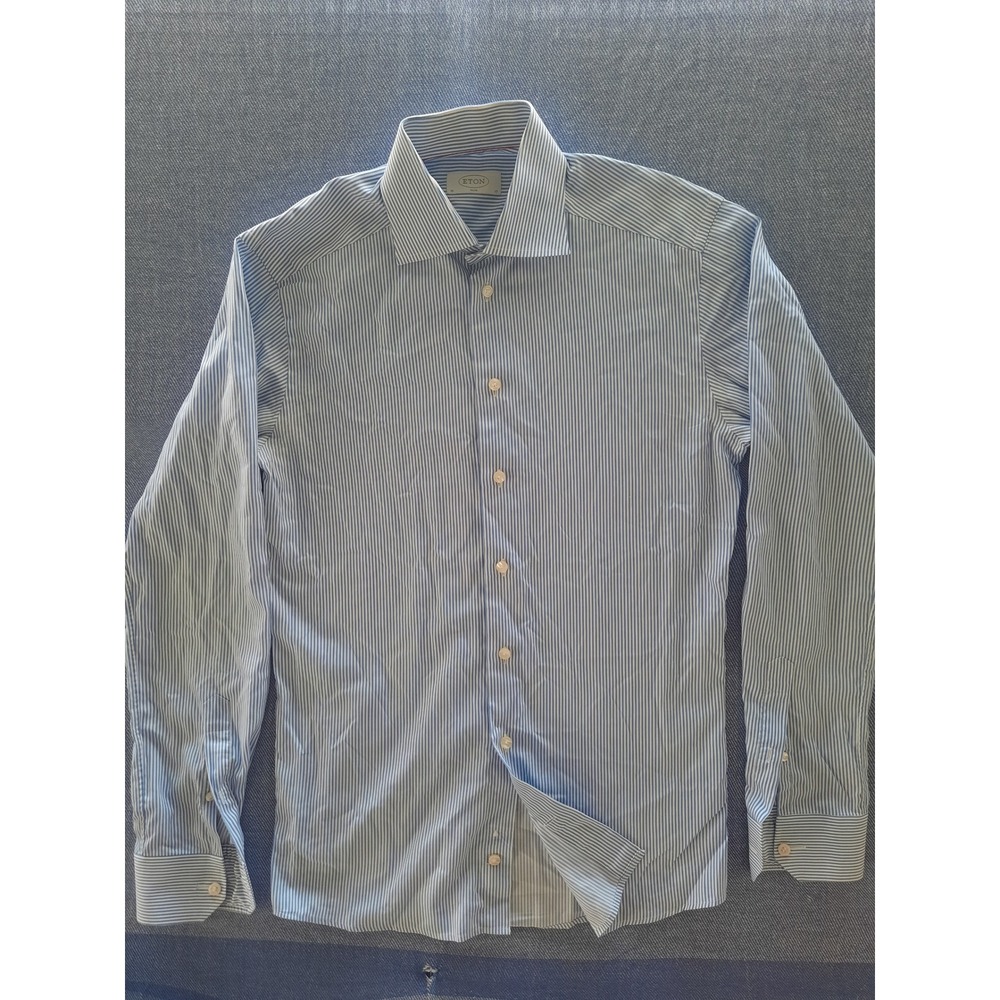 Eton Slim Fit Dress Shirt Mens 15 38 Blue White Striped Spread Collar LS SEE